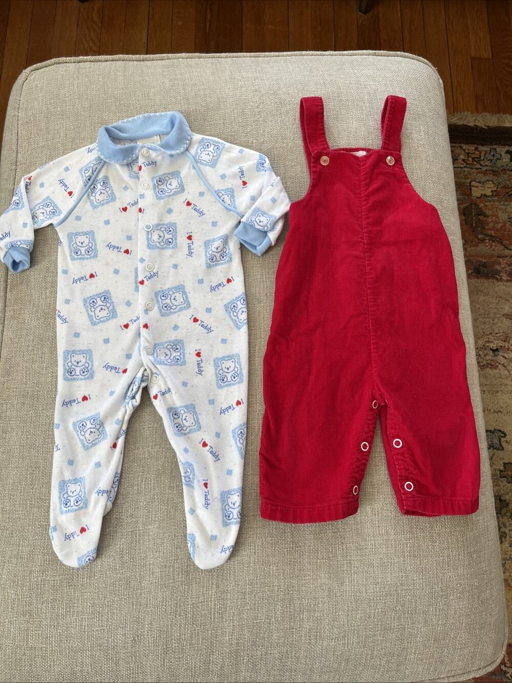 Vintage 70s Lot of 2 Red Corduroy Bib Overalls 6 mths Babygro Baby Sleeper Pjs